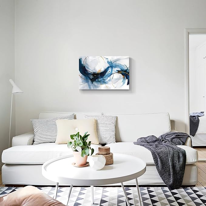 gaosoul Modern Abstract Canvas Wall Art Vibrant Blue Gold Lines Doodled on White Background Paintings Stylish Framed Minimalism Artwork Prints for Living Room Bedroom Office Decor 24x16in