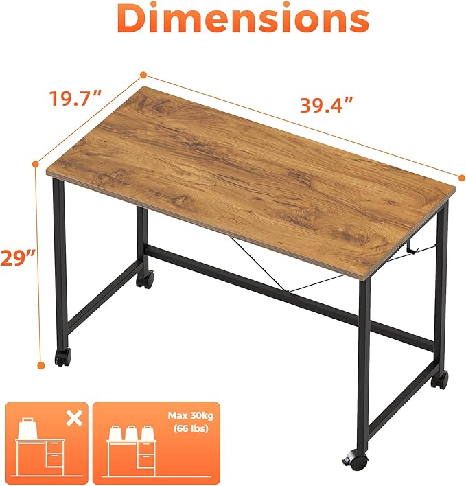 Mericonia 40 inch Rolling Computer Desk with Wheels, Gaming Desk for Small Spaces, Modern Simple Style Table for Home Office, Study Writing Table