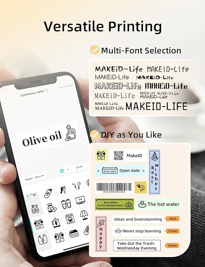 Makeid L1 Label Maker Machine with Tape Includes 3 Label Tapes - Portable & Rechargeable Label Makers Compatible with 9 12 16mm Tape - Mini Bluetooth Labeler for Organizing Office Home School