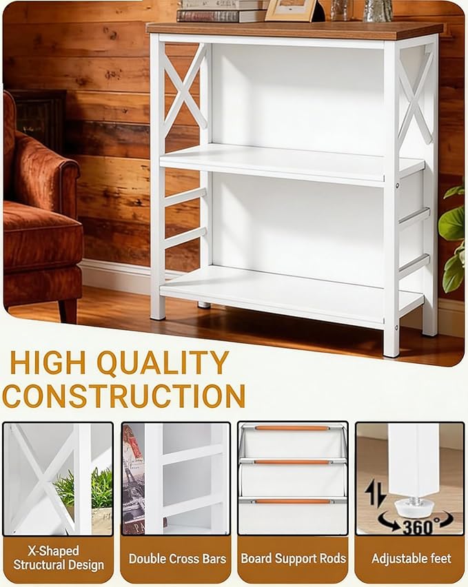 Book Shelf, Small 3-Tier Industrial Bookshelf with Strong Metal Frame & Backboard, 29.5" Short Bookcase for Small Spaces, Living Room, Bedroom and Home Office, White
