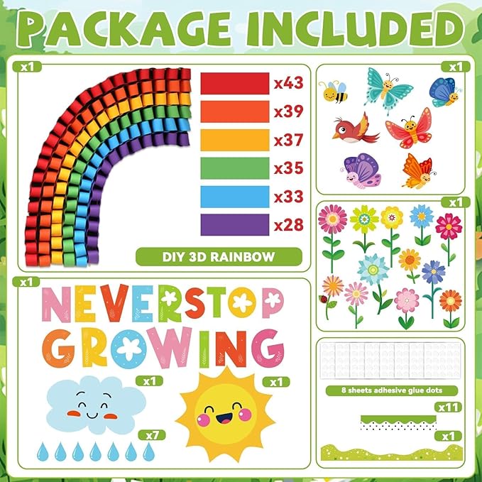 Spring Bulletin Board Classroom Decorations 3D Rainbow Butterfly Floral Bulletin Board Decor Spring DIY Photo Craft Cutouts for School Classroom Chalkboard Kindergarten Home Office Supplies