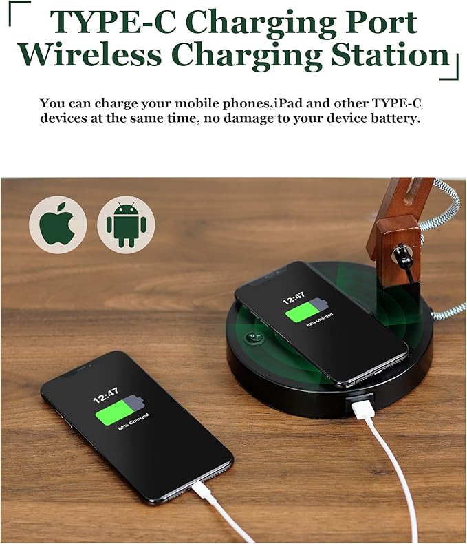 ELYONA Modern LED Desk Lamp with Upgraded Wireless Charger & USB C Charging Port Sapele Wood Table Lamp Swing Arm Bedside Reading Task Light for Dorm Office Bedroom Living Room Bulb Included Black