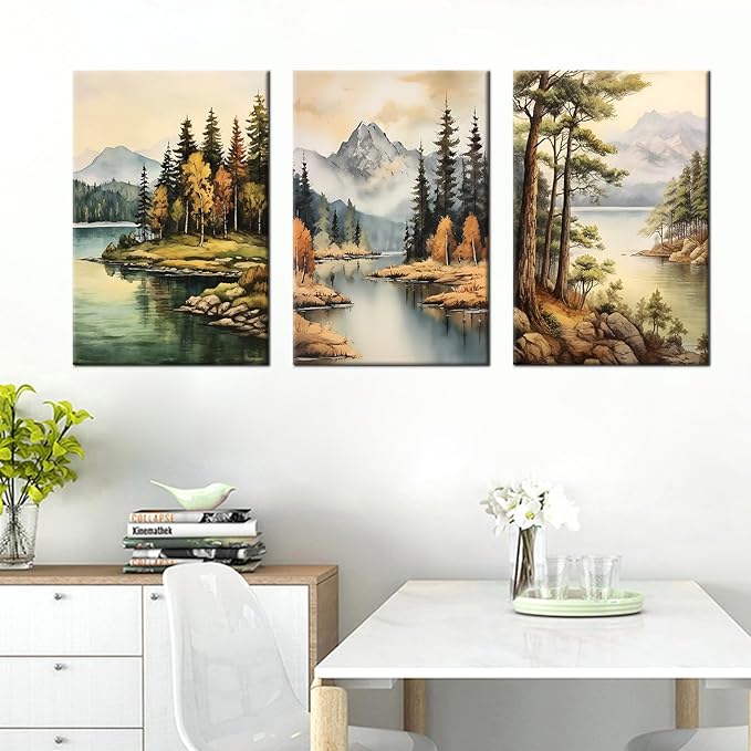 Forest Canvas Wall Art Mountain Green Trees Lake Landscape 3 Pieces Painting Posters Abstract Theme HD Picture Print Artwork for Modern Home Bedroom Living Room Hotel Ready to Hang [48''Wx24''H]