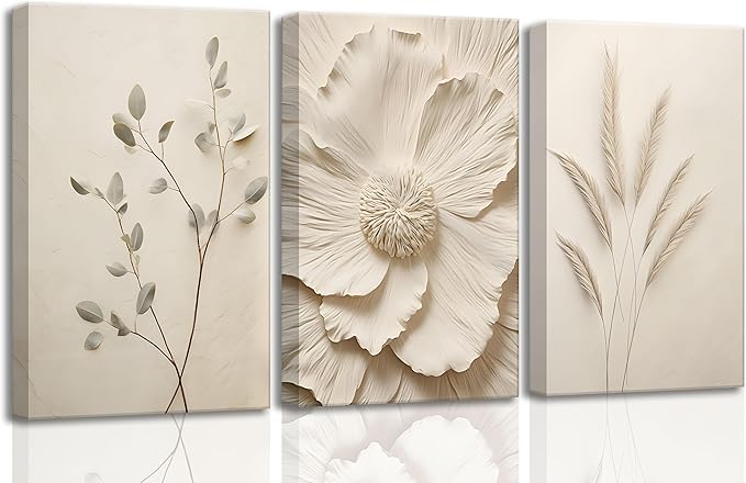 3Pcs Neutral Beige Floral Plant Canvas Wall art Textured Flower Botanical Painting Picture Wall Decor Vintage Blossom Poster Prints for Living Room Bedroom Bathroom Decoration