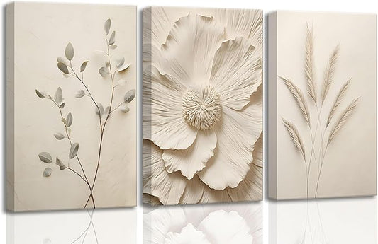 3Pcs Neutral Beige Floral Plant Canvas Wall art Textured Flower Botanical Painting Picture Wall Decor Vintage Blossom Poster Prints for Living Room Bedroom Bathroom Decoration