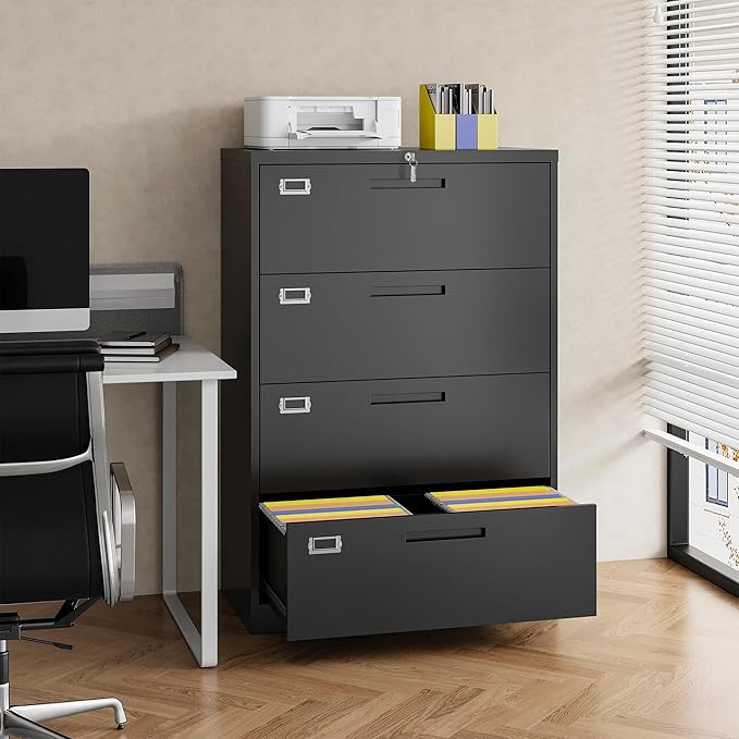 4 Drawer File Cabinet with Lock, 4 Drawer Steel Wide Filing Organization Storage Cabinets, Steel Lateral File Cabinet for Hanging Files Letter/Legal/F4/A4 Size,Assembly Required