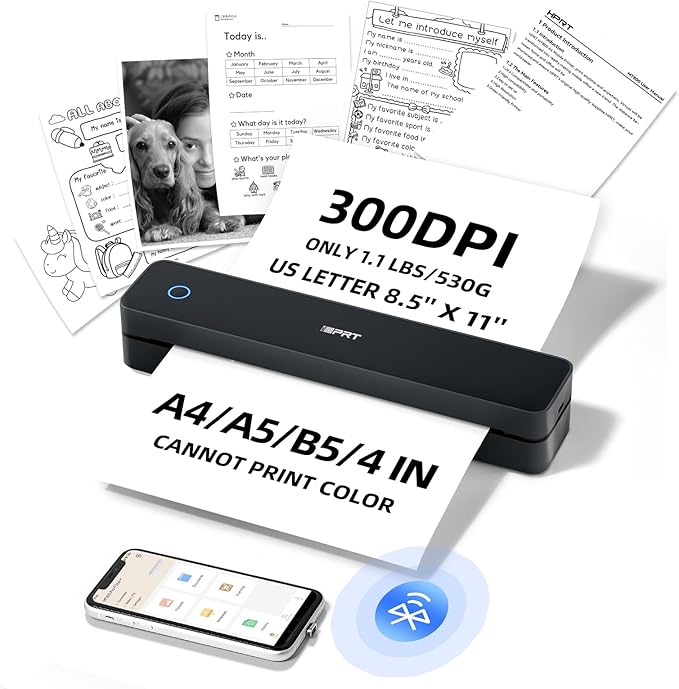 iDPRT Portable-Printer Wireless for Travel,300DPI Inkless Thermal Small Printers for Home Use,Office,Vehicles,Mobile Bluetooth Printer Supports 8.5" x 11" US Letter,for Smartphone & PC,Black