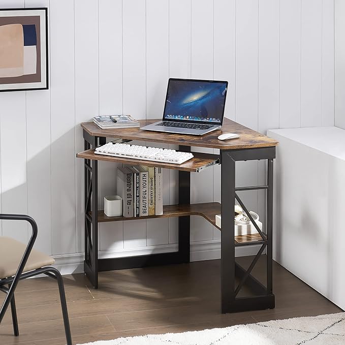 VECELO Corner Computer Desk 41 x 30 inches with Smooth Keyboard & Storage Shelves for Home Office Workstation, Antique Brown