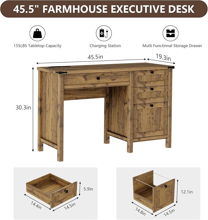 Farmhouse Executive Desk 45 inch Computer Desk with 4 Drawers, Smart Charging Station, Home Office & Study Room Essential for Remote Workers, Professionals & Students.Vintage