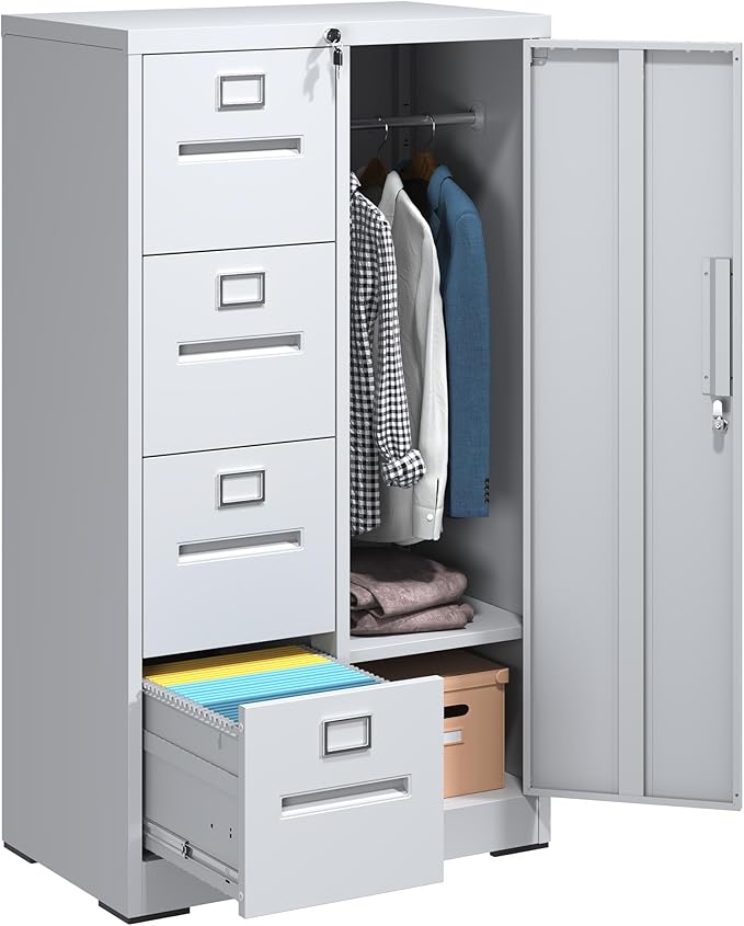 4 Drawer Metal File Cabinet with 1 Door,Steel Storage Locker Cabinets for Employees,Home Office White Filing Cabinets for Legal/Letter Size Files,Assembly Required