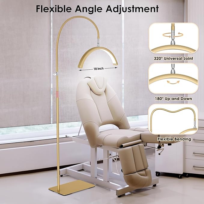 Lash Light, Flexible Half Moon Light with Phone Holder for Eyelash Nail Art Tattoos Skincare, 5 Color Temperatures & Brightness Setting LED Floor Lamp, Height Adjustable Esthetician Lamp