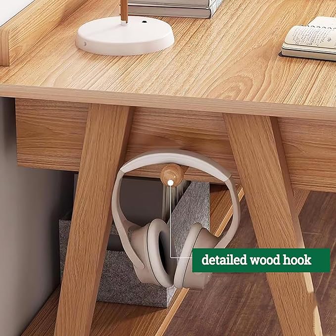 Scandinavian Solid Wood Desk,Small Home Office Desk with Drawers and Shelves,Writing Desk Workstation,Contemporary Computer Desk Study Desk Table