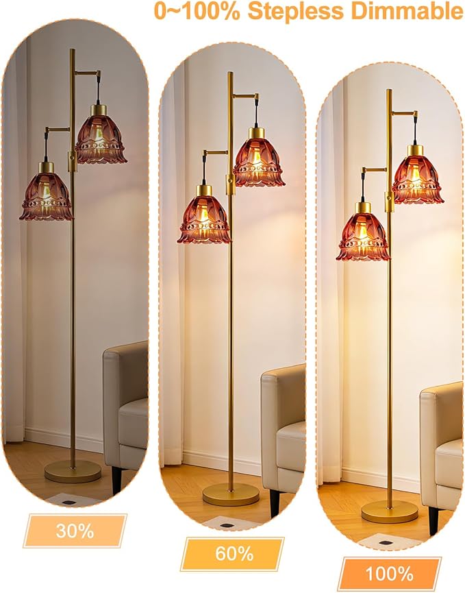 Lightdot 65IN Glass Floor Lamp for Living Room, 2- Light Gold Flower Floor Lamps with Rose Red Glass Lampshade,3000K Warm White Modern Standing Tall Lamp for Bedroom Corner Sofa Beside