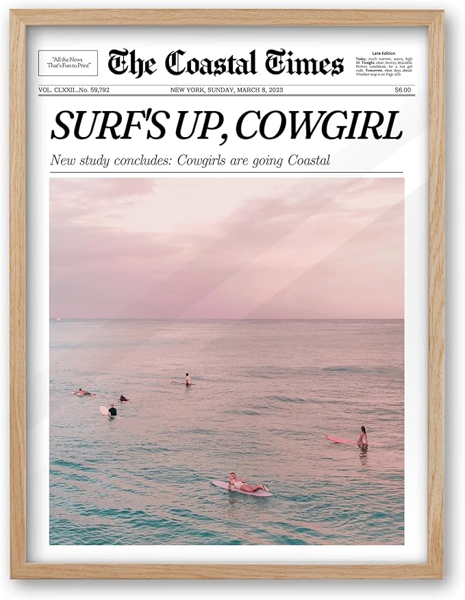 iHery Framed Trendy Coastal Cowgirl NewsPaper Wall Art Prints,Beige OAK Wood 12x16in Canvas Wall Decor For Bedroom,New York News,Western Vintage Bar Cart,Dorm Retro Surfing Up Home Décor 1Pack