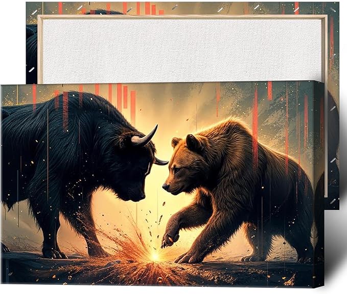 Trendy Bull And Bear Confrontation Wall Art Funny Bull And Bear Stock Market Canvas Posters Funny Animal Prints Painting For Office Living Room Wall Decor 24x36in Framed