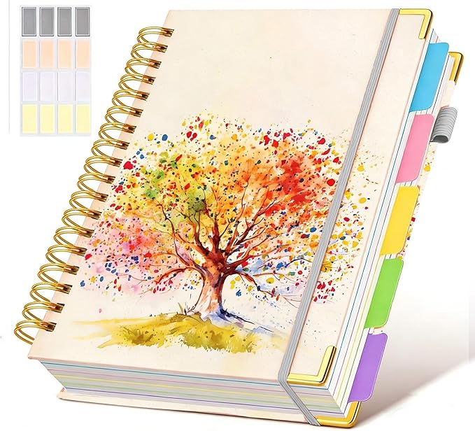 Hardcover Spiral Notebook Journal with Removable Dividers Tabs, 300 Pages 5 Subject Notebook College Ruled, 100GMS Notebooks for Work School Note Taking,Lined Journal for Women,Colorful Tree of Life