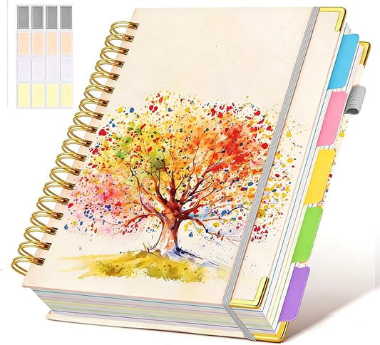 Hardcover Spiral Notebook Journal with Removable Dividers Tabs, 300 Pages 5 Subject Notebook College Ruled, 100GMS Notebooks for Work School Note Taking,Lined Journal for Women,Colorful Tree of Life