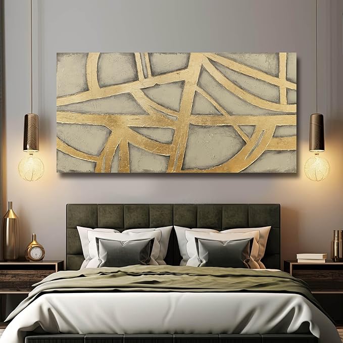 Gold Wall Decor for Living Room Abstract Canvas Wall Art Framed Prints Pictures Large Arts for Office Hotel 29"x58"