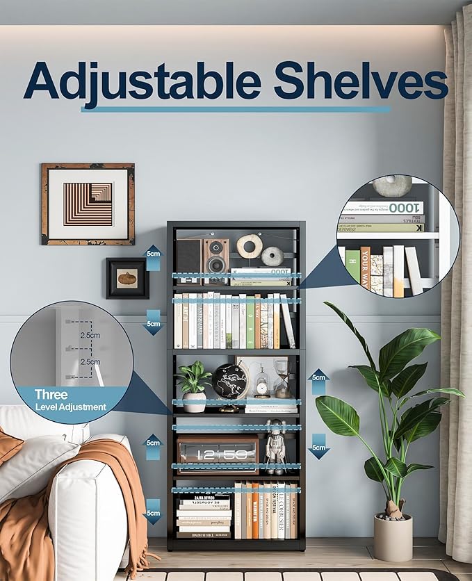 5-Cube Bookshelf, All Steel Bookcase with Adjustable Shelves & Anti-Tip Kit for Home Office, Hallway, and Garage, Modern Tall Display Shelves, Heavy-Duty Storage Organizer (Black)
