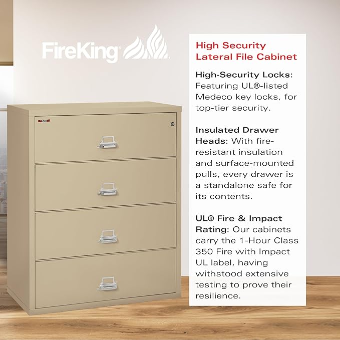 Fireking Fireproof Lateral File Cabinet (4 Drawers, Impact Resistant, Water Resistant), 44" W x 22" D, Parchment, Made in USA