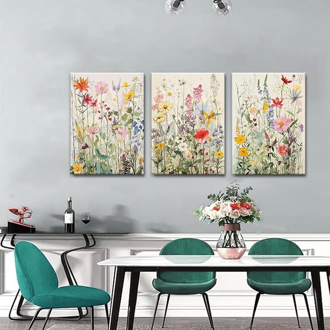 KISSFOX 3 Piece Canvas Wall Art Wildflowers Wall Decor Floral Pictures Botanical Paintings Watercolor Prints Colorful Artwork For Bedroom Bathroom Living Room