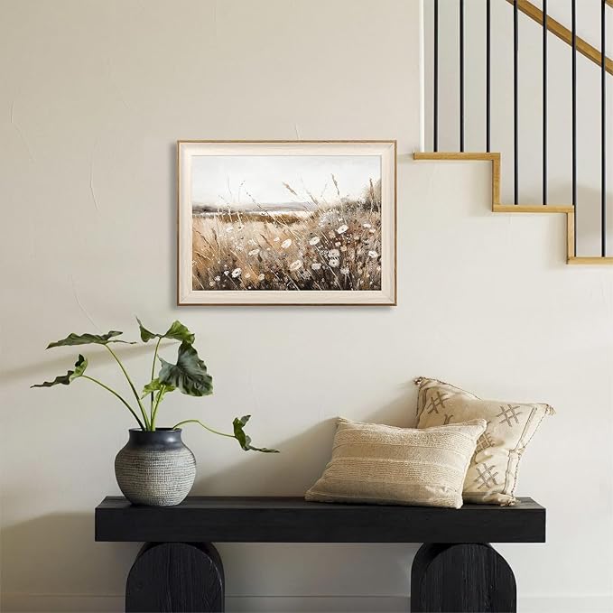 ASTRDECOR Framed Nature Wall Art Prints, Vintage Wildflower Field Landscape Canvas Wall Art Bedroom, Autumn Oil Painting Botanical Artwork, Plant Pictures Farmhouse Wall Decor Living Room - 12''x16''