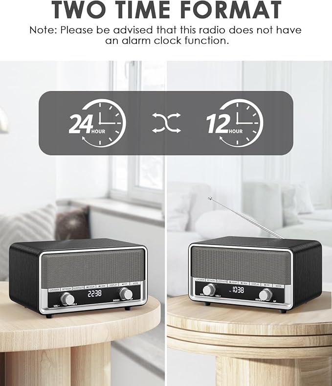 Vintage Wood AM FM Clock Radio with Bluetooth, Digital Clock Radio for Bedroom with LCD Display | 40 Presets | Sleep Timer | No Alarm, Retro Bluetooth Speaker for Office,Home, Kitchen (Space Black)