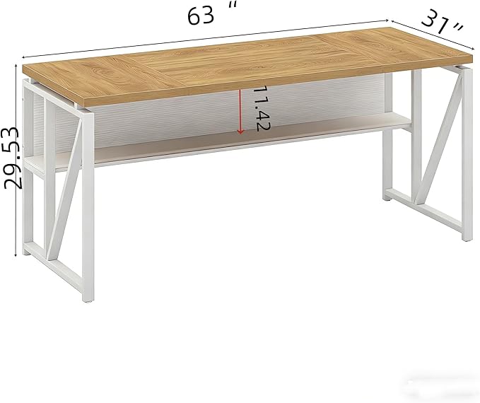 Tribesigns 63 inches Computer Desk with Bottom Storage Shelf Home Office Desk Writing Table for Workstation, Dark Walnut + Steel Leg, Cabinet not Included (Light Oak, 63-inch-with Shelf)