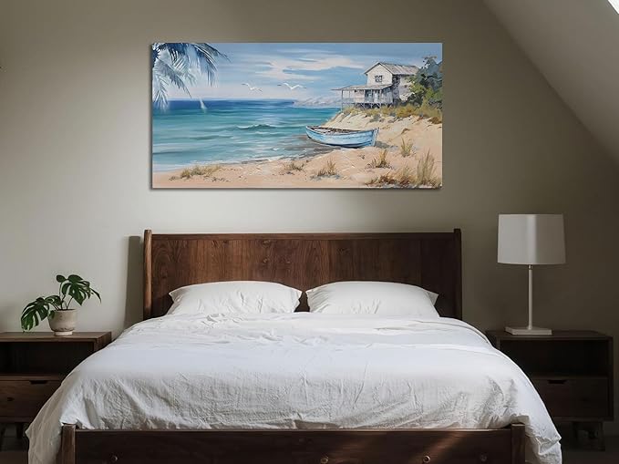 Arjun Blue Coastal Wall Art for Living Room Seascape Beach Painting Bedroom Wall Decor Ocean Picture Large Artwork Home Office Wall Decor, 40"x20"