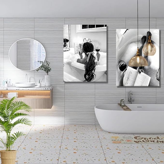 Framed 2pcs Black and White Trendy Bathroom Wall Art Girl in Bathtub Poster Aesthetic Picture Canvas Prints for Fashion Girl Bathroom Décor Minimalist Painting 16x24Inch