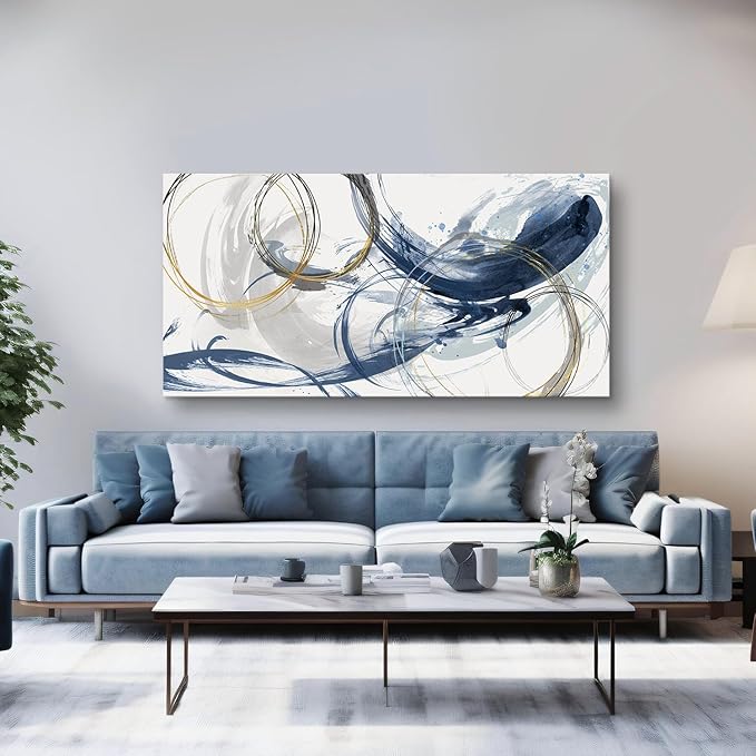 Sxurmtiie Canvas Wall Art Abstract Art Paintings Blue Fantasy Colorful Graffiti on White Background 24inchx48inch Modern Artwork wall Decor for Living Room Bedroom Kitchen…