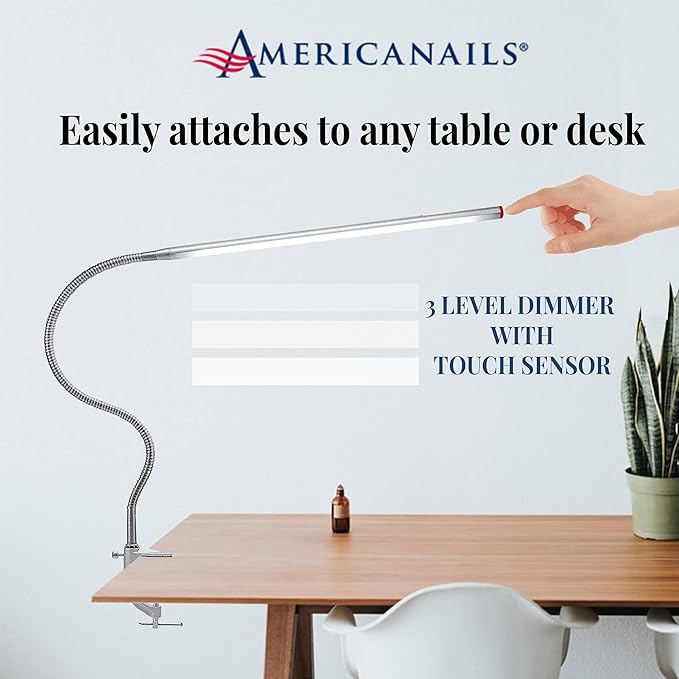 Americanails FlexiLamp Touch - LED Table Desk Lamp - Removable Clamp - Adjustable Lighting for Nail Stations - Manicure Table Light - Flexible Arm – 3 Brightness Levels - Touch Sensor - 300 Lumens