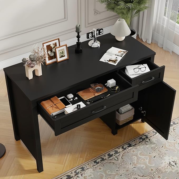 Farmhouse 47" Executive Desk, Computer Desk with Drawers and Storage Cabinet, Workstation for Home Office and Study.(Pure Black)