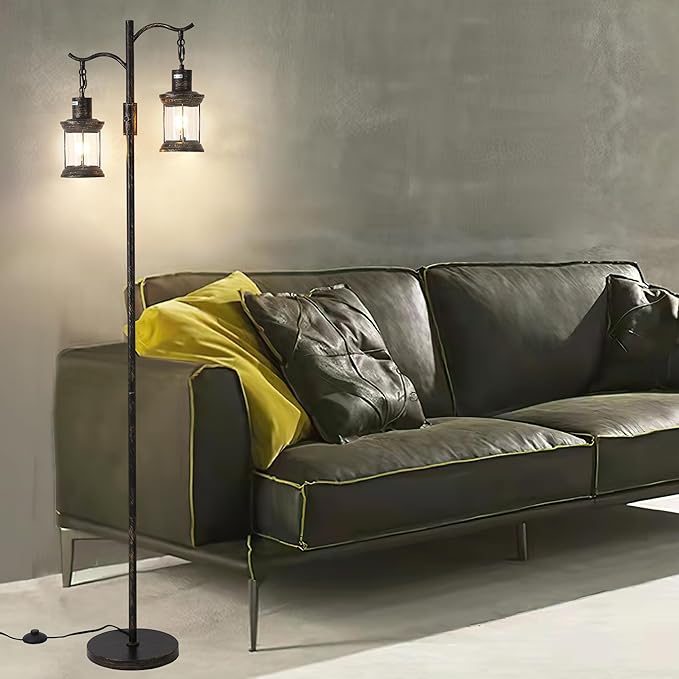 Vintage Dimmable Floor Lamp,2 Classical Lanterns Standing Lamp, Rustic Farmhouse Floor Lamp with Bronze Gold Finish, for Living Room Bedroom (Bronze)