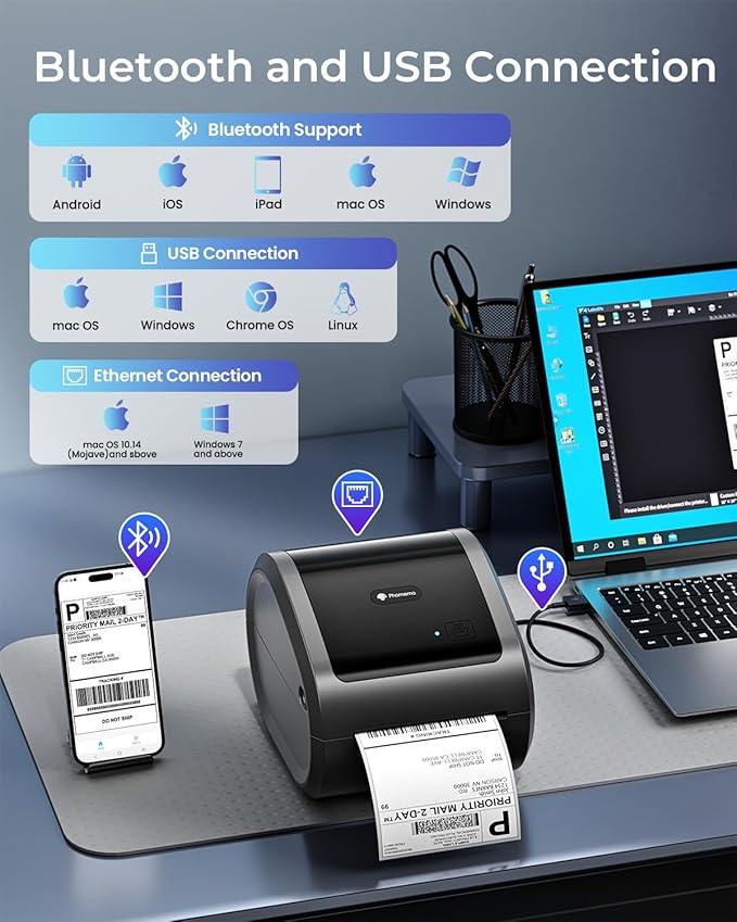 Phomemo Ethernet Thermal Label Printer 4x6, Bluetooth Shipping Label Printer for Small Business, Home, Office, 300DPI Wireless Thermal Printers Compatible with Ethernet/Bluetooth/USB, Etsy, USPS
