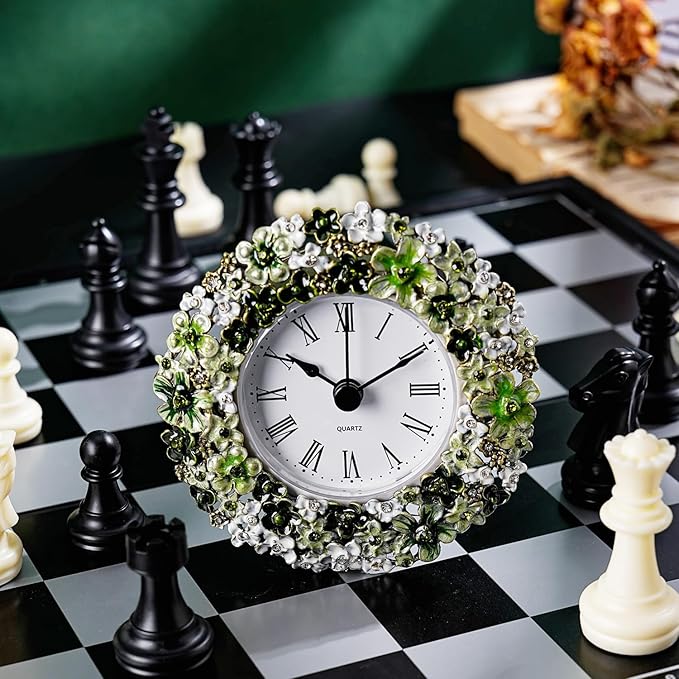 Mini Tabletop Clock, Decorative Vintage Floral Metal Table Clock with Battery Operated for Bedside, Table, Living Room, Home and Office