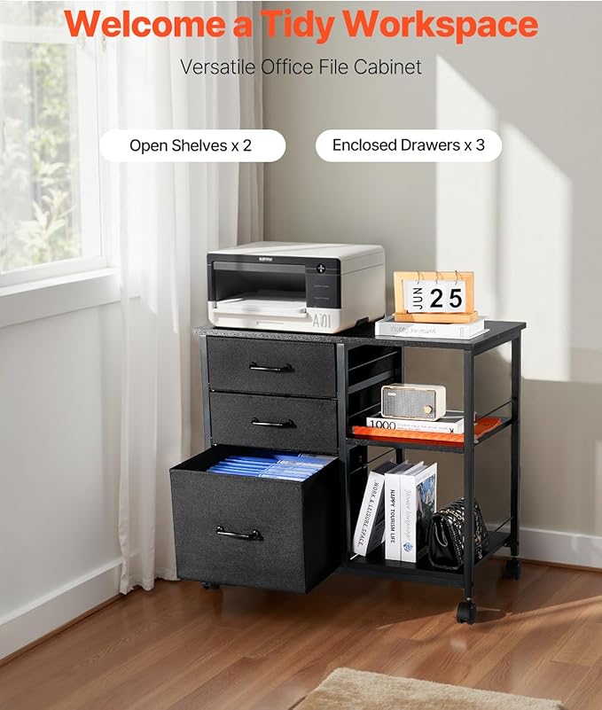 VEVOR Metal File Cabinet, Mobile Filing Cabinet with 3 Fabric Drawers and 2 Open Shelves, Wooden Vertical Filing Storage Cabinets with Wheels for Letter, A4, Legal Size File, Easy Assembly, Black