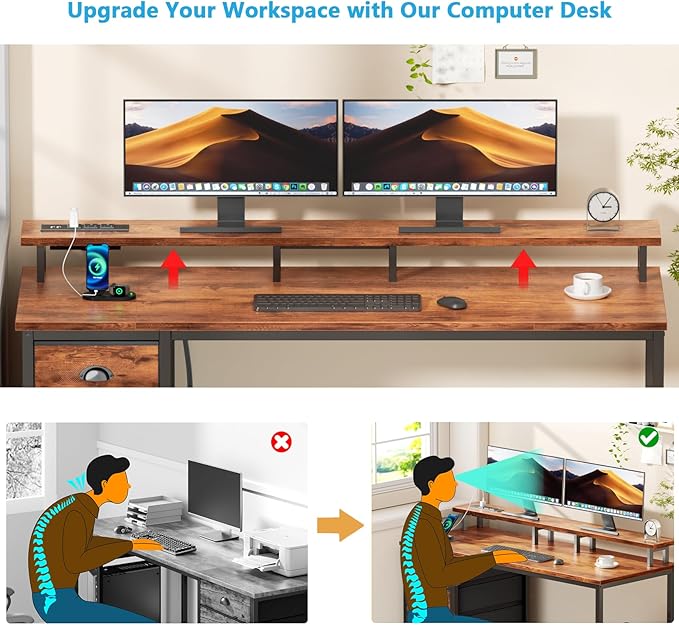 Furologee Computer Desk with Power Outlets & LED Lights, 55 Inch Reversible Gaming Desk with Full Monitor Stand, Home Office Table with 4 Fabric Drawers, Study Table for Bedroom, Rustic Brown