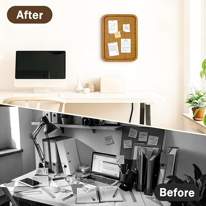 13" x 17" Bulletin Board, Round-Edged Rectangle Cork Board，Wooden Frame with Boho Style Rattan Wall Organizer,3343Teng