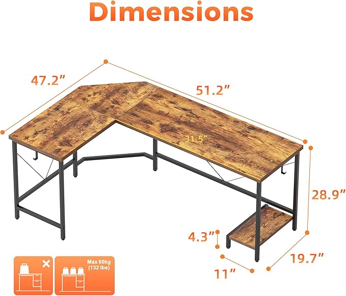 Mericonia 50 inch Large L Shaped Desk, Simple Corner Gaming Desk with CPU Stand & Hooks, Computer Desk for Home, Bedroom & Office Workspace, Rustic Brown