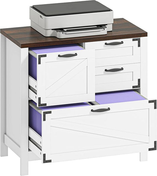 HOMCOM 4 Drawer File Cabinet, Farmhouse Lateral Filing Cabinet with Adjustable Hanging Rails for Letter/A4/Legal Size Files, Printer Stand for Home Office, White