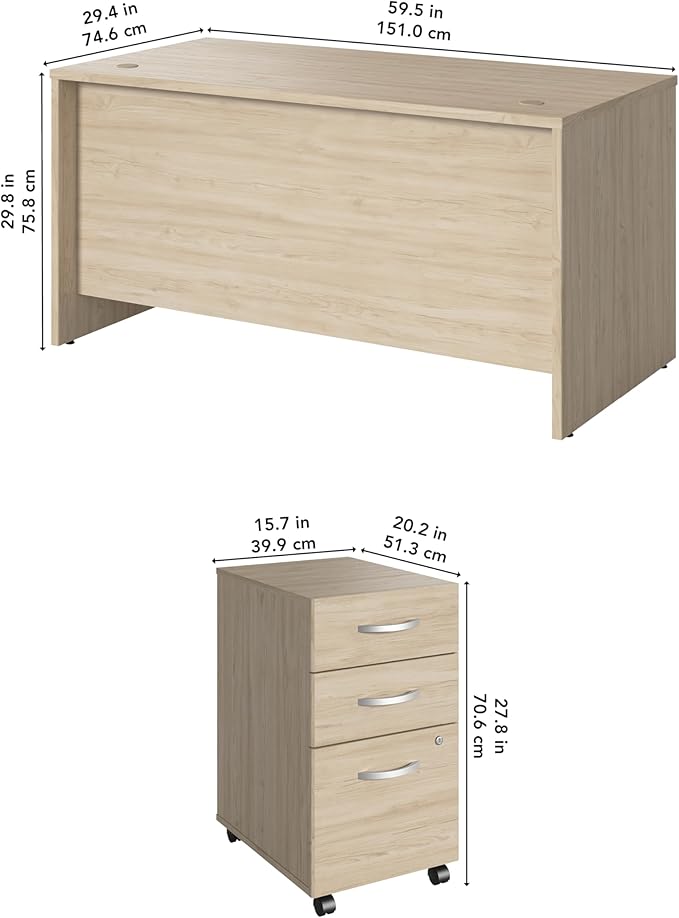 Bush Business Furniture 60W x 30D Office Desk with Mobile File Cabinet, Computer Table and Drawers for Home or Professional Workspace, Studio C Collection, Natural Elm