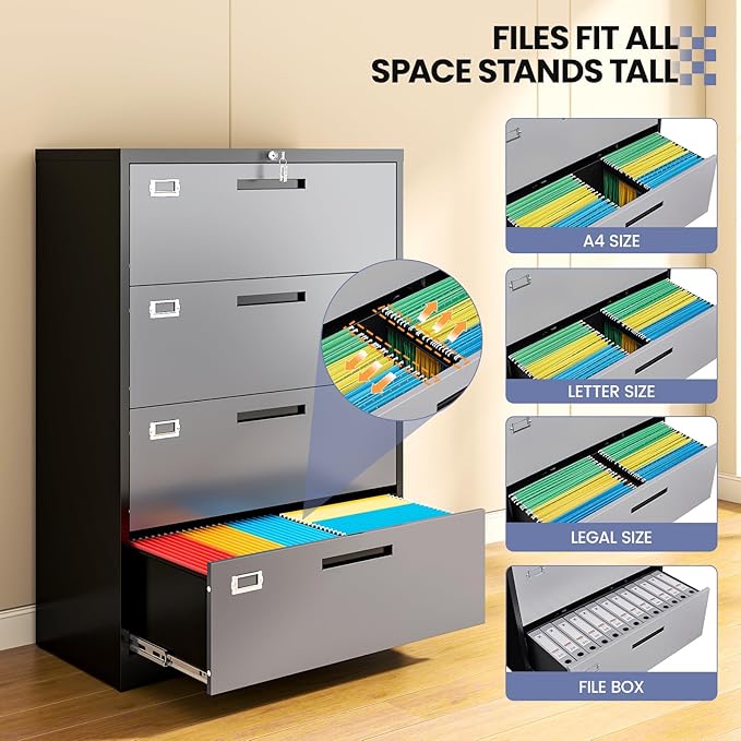 4 Drawer File Cabinet, Locking Lateral Filing Cabinet for Home Office, File Cabinets with Business Card Holder for Letter/Legal/F4/A4 Hanging Files