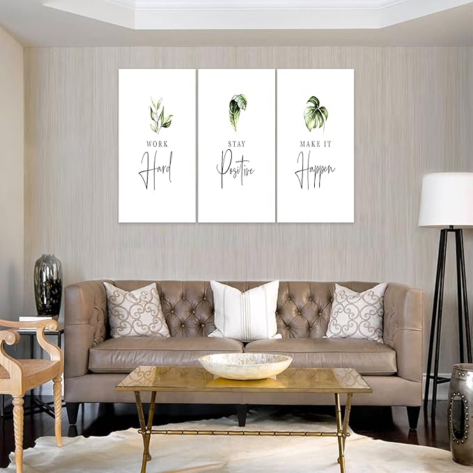 3 Piece Inspirational Wall Art, White Plants Sayings Picture, Quotes "Work Stay Make it" Canvas Prints for Office Decor, Triptych Entrepreneur Framed Artwork for Women Men Home Wall Decor (72"Wx36" H)