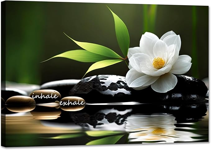 Lotus Flower Wall Art Inspirational Canvas Prints Inhale Exhale Yoga Quotes Poster Positive Relax Prints Pictures for Zen Office Wall Decor Framed Artwork Ready to Hang (12.00" x 16.00")