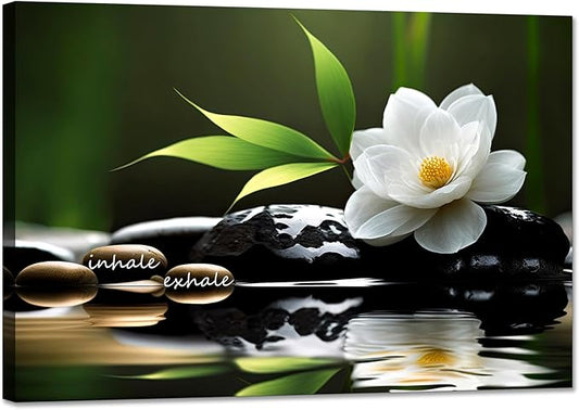 Lotus Flower Wall Art Inspirational Canvas Prints Inhale Exhale Yoga Quotes Poster Positive Relax Prints Pictures for Zen Office Wall Decor Framed Artwork Ready to Hang (12.00" x 16.00")