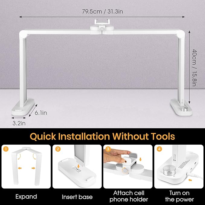 Foldable Nail Desk Lamp with Phone Holder, 456 LEDs 3-Color Adjustable (3000K-6000K), 40W for Manicure, Live Streaming & Charging