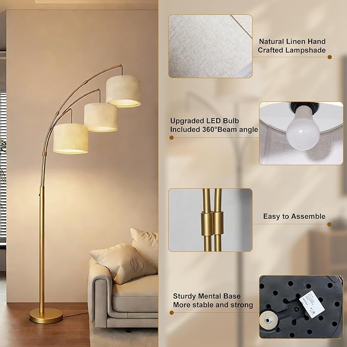 Dimmable Arc Floor Lamp, Gold Pole Standing Lamp with Linen Shade and Heavy Base, Remote Control with Stpeless Color Temperatures and Brightness for Bedroom, Office