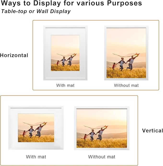 KINLINK 8x10 Picture Frame White Set of 6, Wooden Photo Frames Matted 5x7 with Plexiglass for 5x7 with Mat or 8x10 without Mat for Table and Wall Display