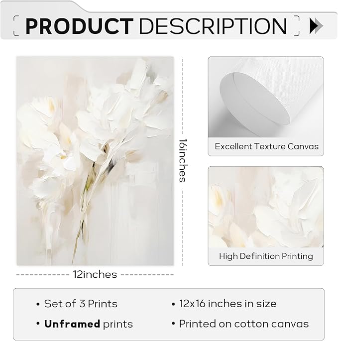 Neutral Wall Art Abstract Floral Canvas Pictures Beige Flower Wall Decor Modern Painting Minimalist Poster Abstract Botanical Prints White Artwork for Bedroom Living Room 12x16 Inch Unframed Set of 3